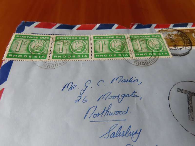 Stamps - Rhodesia - 4 Envelopes with Postage Due Stamps- 1c, 2c, 5c
