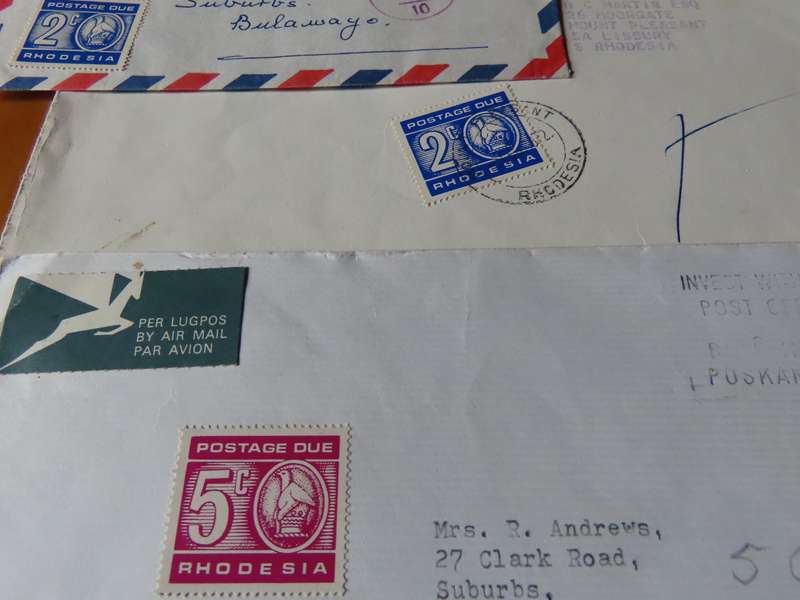Stamps - Rhodesia - 4 Envelopes with Postage Due Stamps- 1c, 2c, 5c