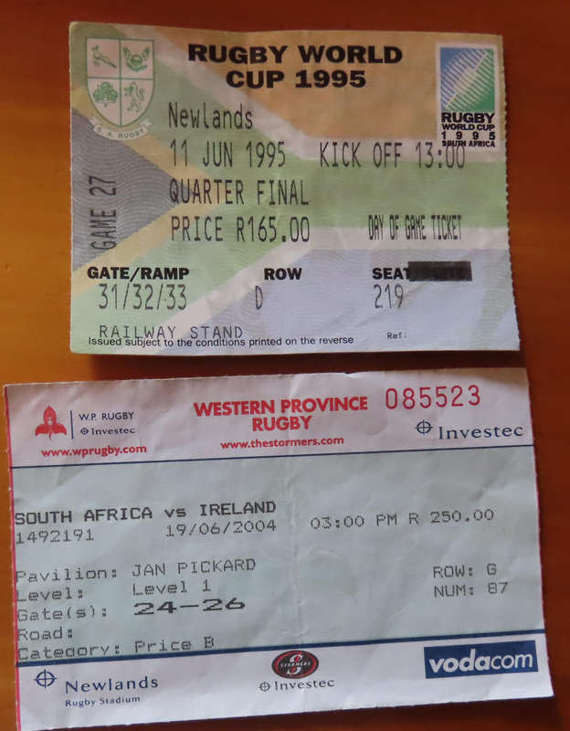 Rugby - World Cup 1995 Quarter Final Ticket 11/June/1995 and Springboks vs Ireland 19/6/2004 Ticket