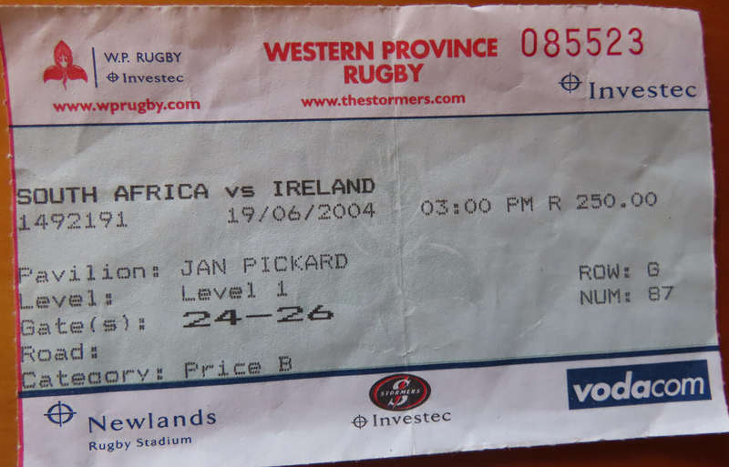 Rugby - World Cup 1995 Quarter Final Ticket 11/June/1995 and Springboks vs Ireland 19/6/2004 Ticket