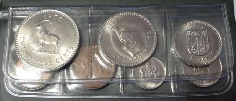 1970-1977 RHODESIA, UNCIRCULATED 7 COINS TYPE SET, ORIGINAL GREEN WALLET