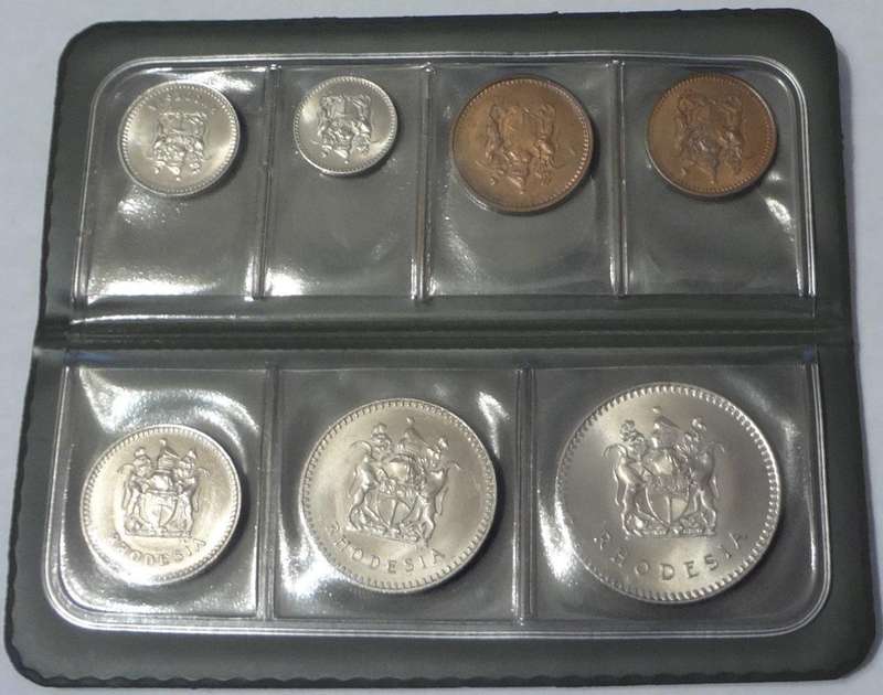 1970-1977 RHODESIA, UNCIRCULATED 7 COINS TYPE SET, ORIGINAL GREEN WALLET