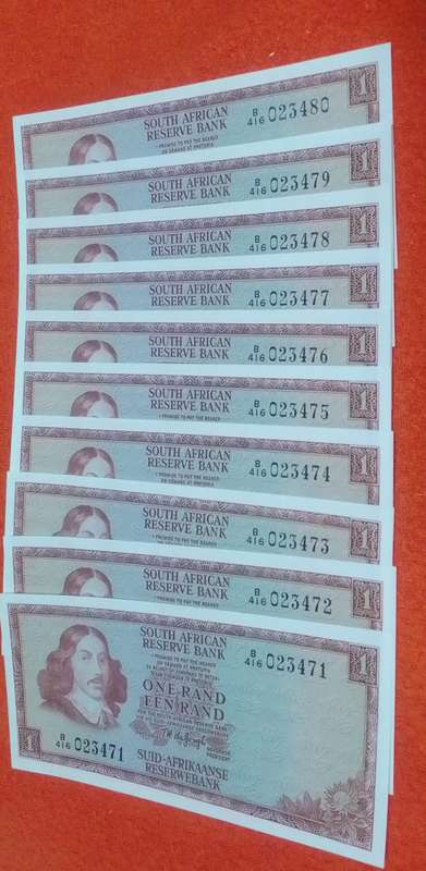 **10x**  South Africa R1 notes in sequence signed by TW de Jongh