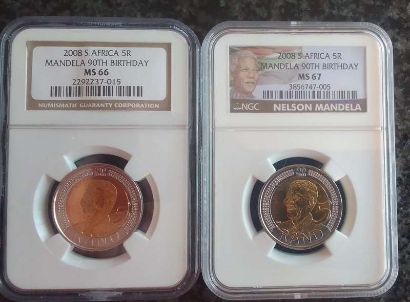 2x 2008 Mandela 90th Birthday R5 coins graded MS66 & MS67 coin