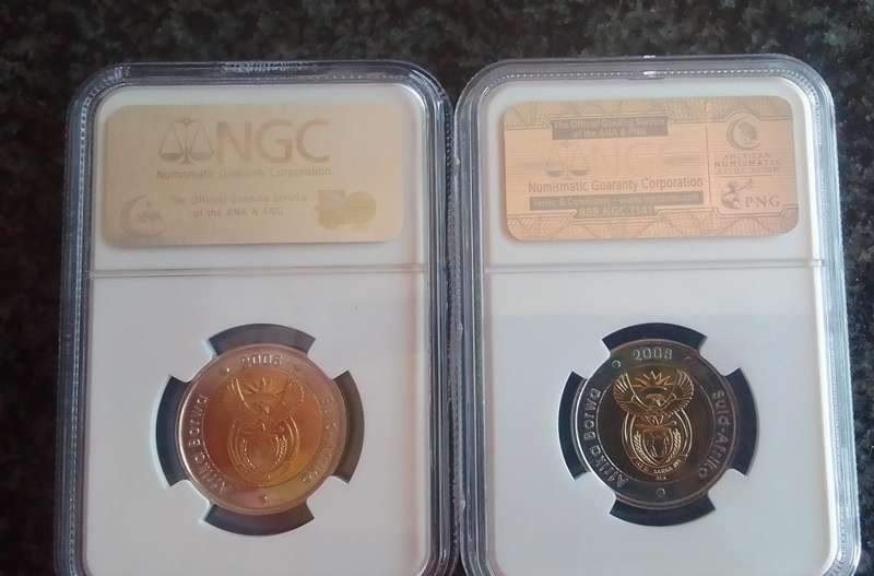 2x 2008 Mandela 90th Birthday R5 coins graded MS66 & MS67 coin