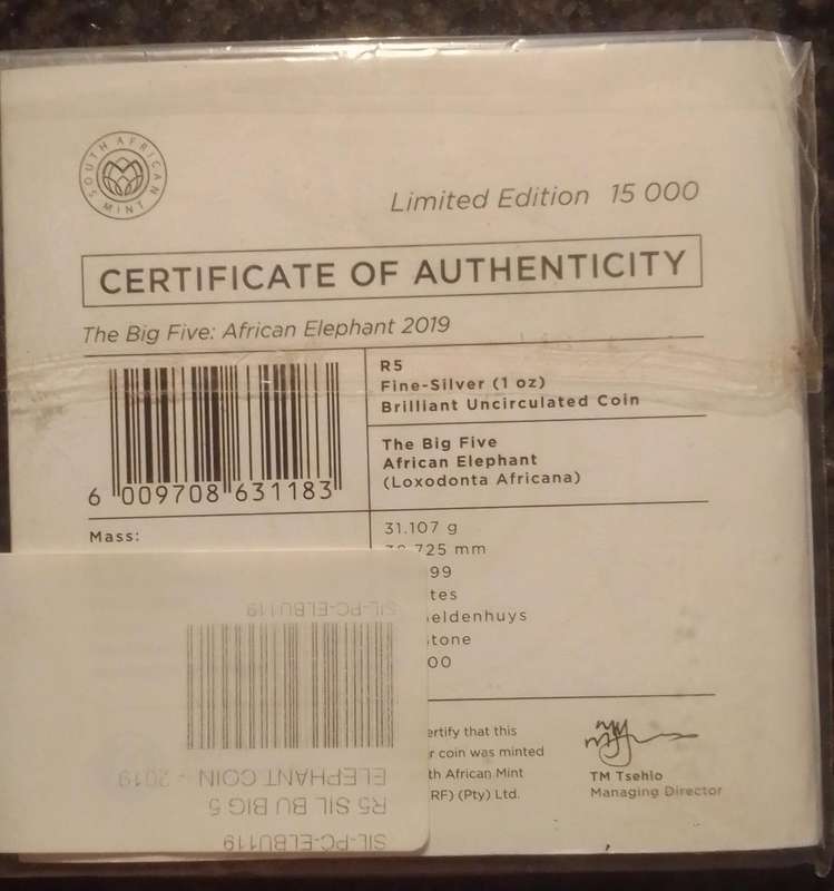 2019 South Africa Uncirculated Silver R5 Coin - Big 5 Series Elephant
