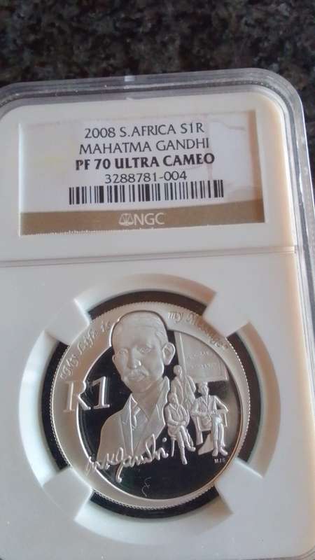 VERY HIGH GRADED PF70 ULTRA CAMEO 2008 Silver R1 Mahatma Gandhi Protea Series Coin