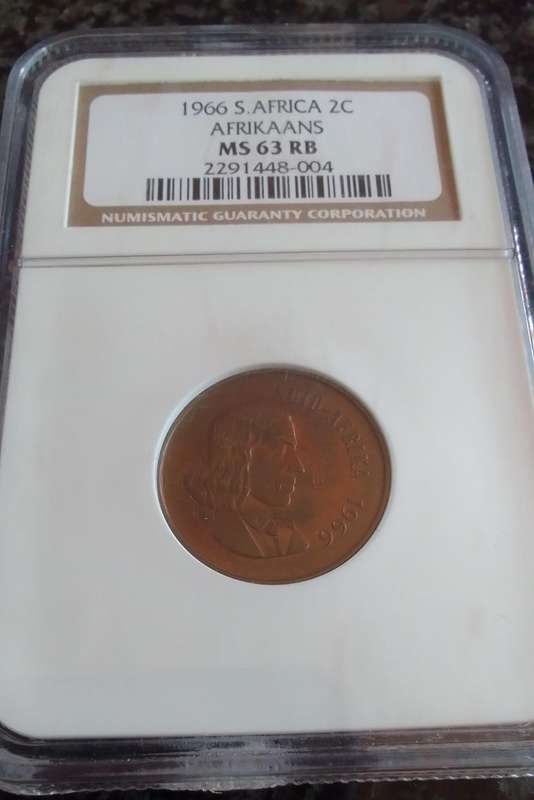 1966 South Africa MS 63 Graded 2 Cent Coin