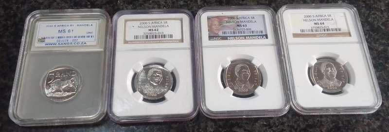 2000 South African R5 Mandela Coins. 4x Graded in sequence Coins MS61+ MS62+ MS63+ MS64