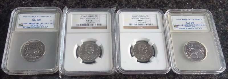 2000 South African Nelson Mandela R5 - 4x Graded Coins AU50+ AU53+ AU55+ AU58