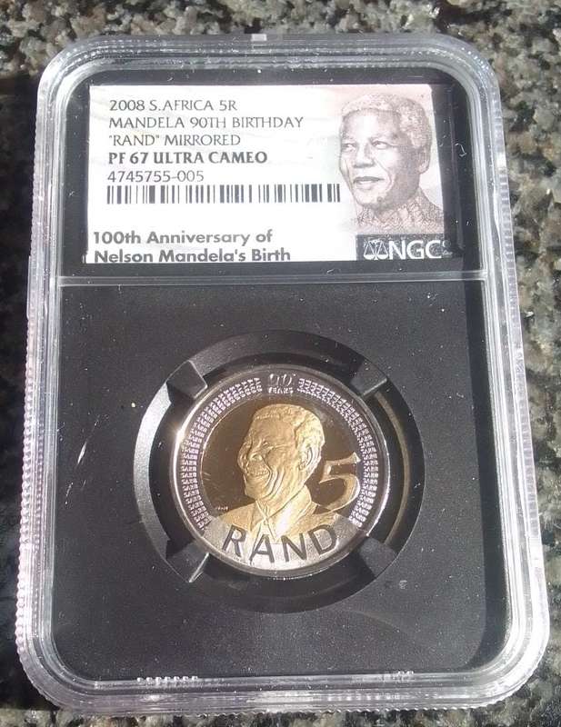 2008 South African Mandela 90th Birthday MS67 R5 Ultra Cameo coin