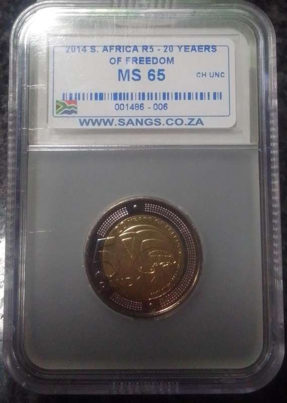 2014 South Africa 20 Years of Freedom R5 Coin - Graded MS65
