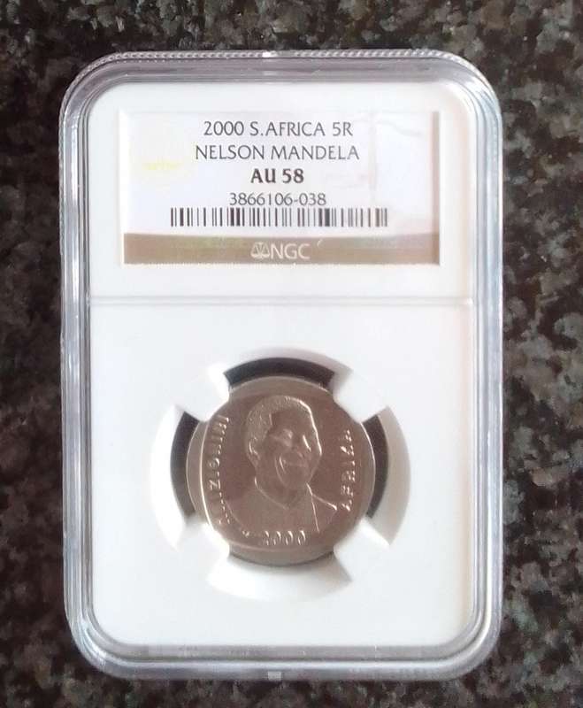 2000 South Africa Nelson Mandela R5 Coin Graded AU58