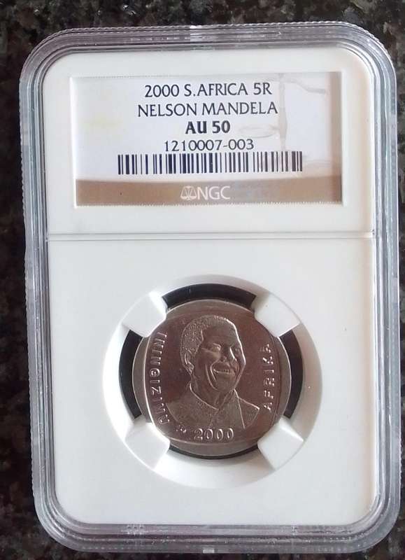 2000 South Africa Nelson Mandela R5 Coin Graded AU50