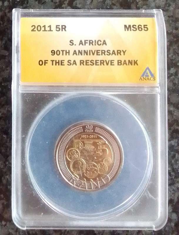 2011 South Africa 90th Anniversary of the Reserve Bank R5 Coin. Graded MS65