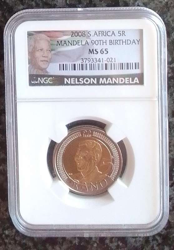 2008 South African Mandela 90th Birthday MS65 R5 coin