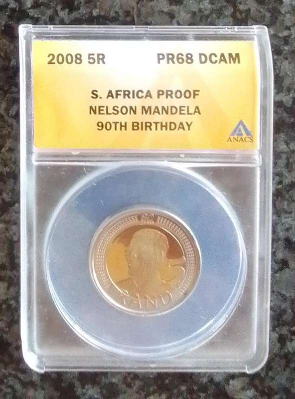 2008 South African Mandela 90th Birthday PR68 R5 coin