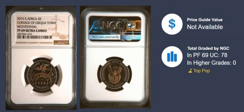 VERY RARE HIGH GRADE - 2015 South Africa Coinage of Griqua Town R5- Graded PF69 Ultra Cameo