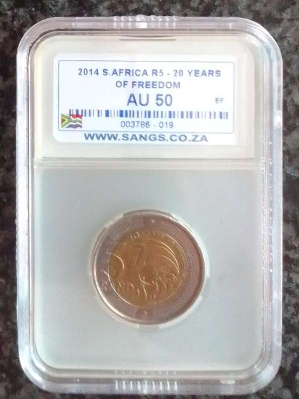 2014 South Africa 20 Years of Freedom R5 Coin - Graded AU50