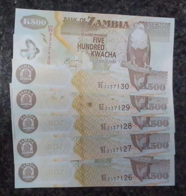 5x 2011 Zambia K500 (Kwacha) Consecutive Serial Number Banknotes