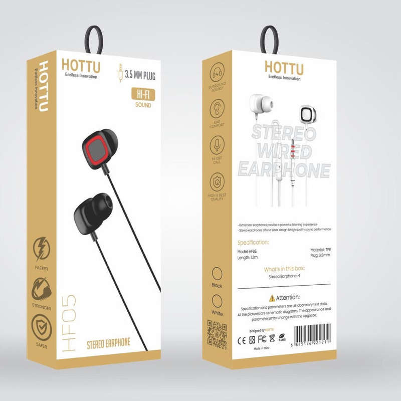HOTTU HF05 Stereo Wired Earphone  3.5mm Hi-Fi Sound (Black/White)