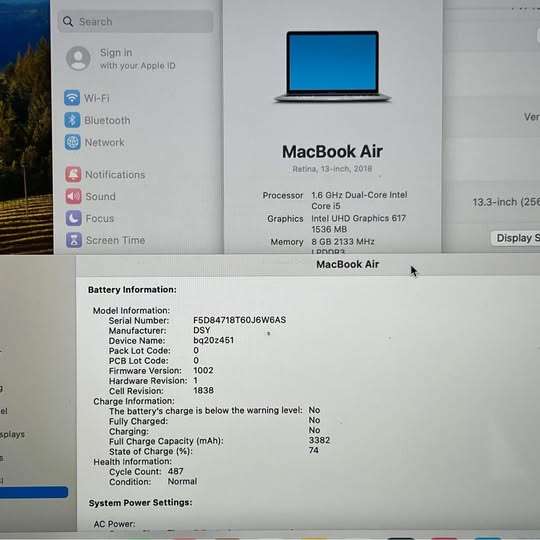 MacBook Air Retina 13 inch 2018 1.6GB intel Core i5 8GB RAM 256GB SSD
