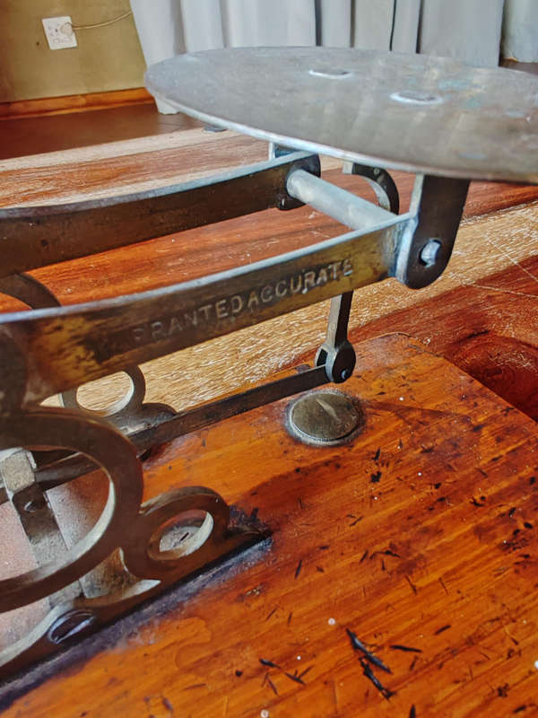 Antique Victorian Balance Scale with Brass Weights  Wooden Base