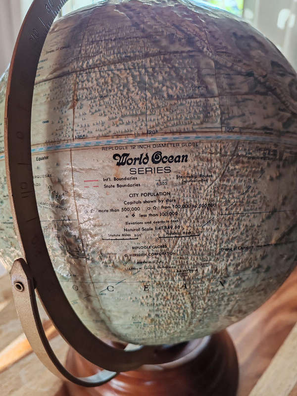 Vintage 12" Replogle World Ocean Series Globe  Brass Arm & Wooden Base