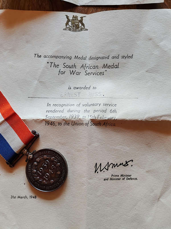 South African Medal for War Service  With Certificate, Envelope & Receipt