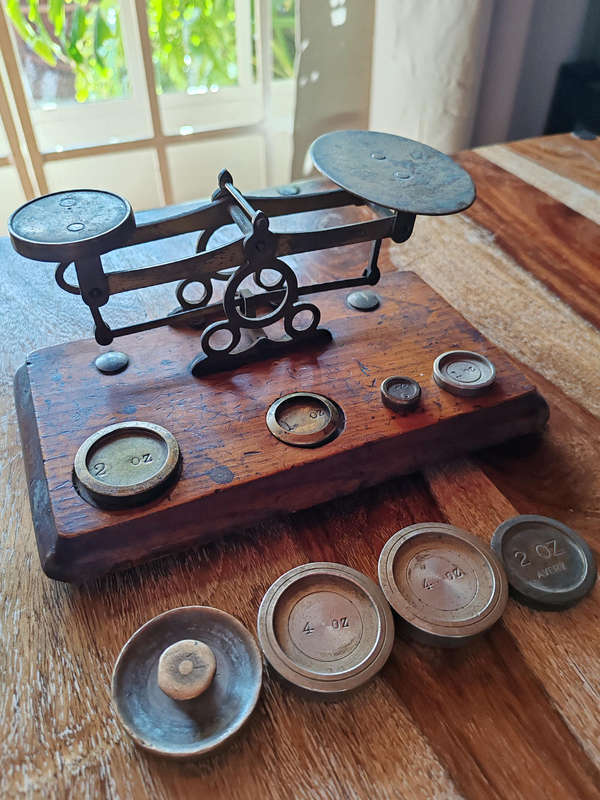 Antique Victorian Balance Scale with Brass Weights  Wooden Base