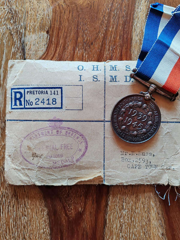 South African Medal for War Service  With Certificate, Envelope & Receipt