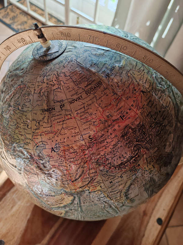 Vintage 12" Replogle World Ocean Series Globe  Brass Arm & Wooden Base