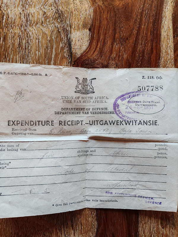 South African Medal for War Service  With Certificate, Envelope & Receipt