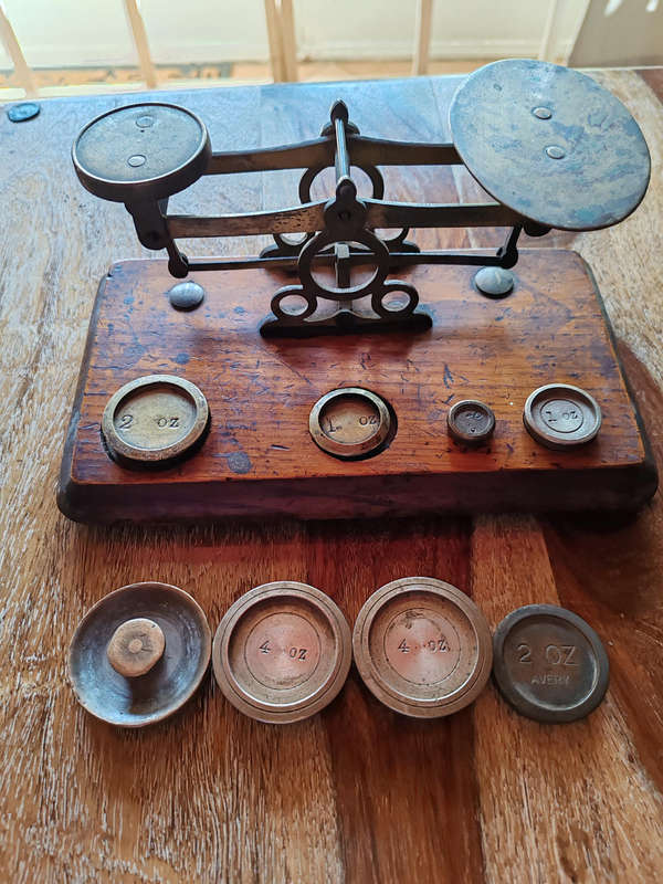 Antique Victorian Balance Scale with Brass Weights  Wooden Base