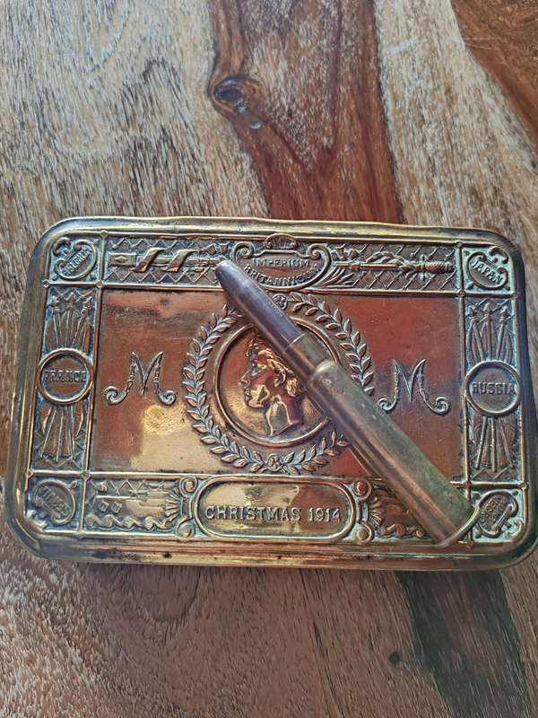 Original 1914 Princess Mary Christmas Tin with Authentic .303 Bullet Pencil  WW1