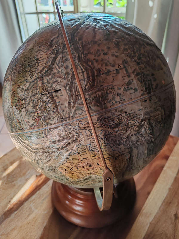 Vintage 12" Replogle World Ocean Series Globe  Brass Arm & Wooden Base