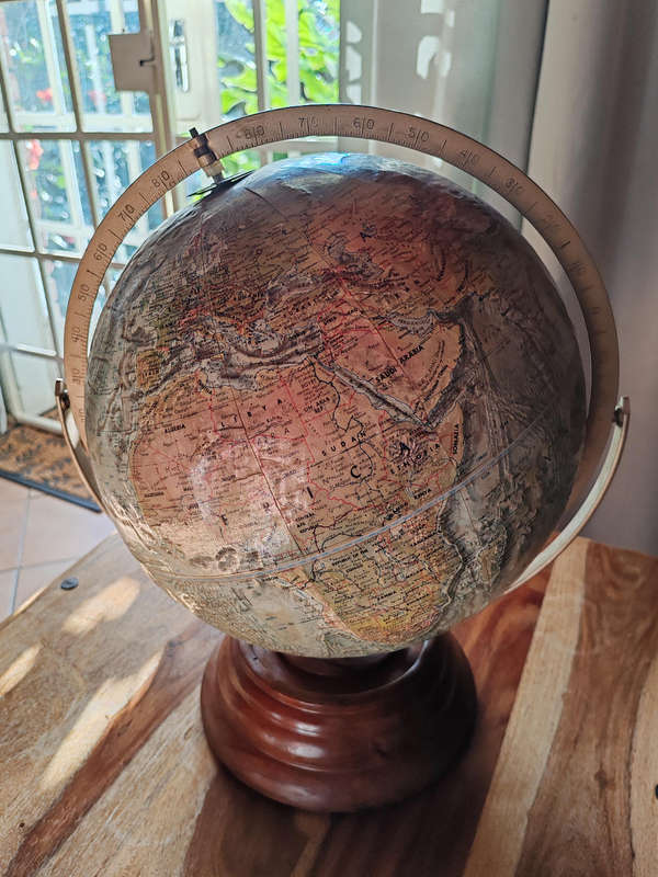 Vintage 12" Replogle World Ocean Series Globe  Brass Arm & Wooden Base