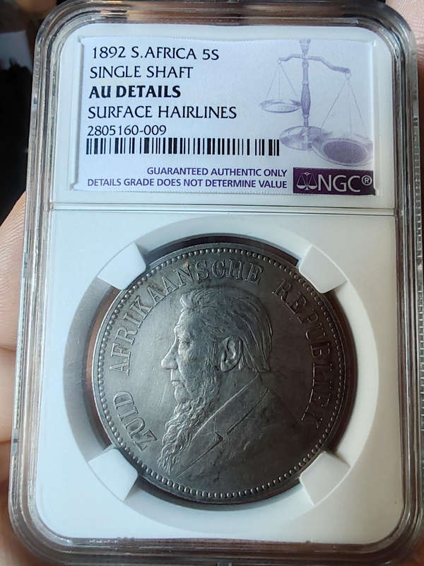 1892 ZAR 5 Shillings Single Shaft  NGC AU Details (Surface Hairlines)