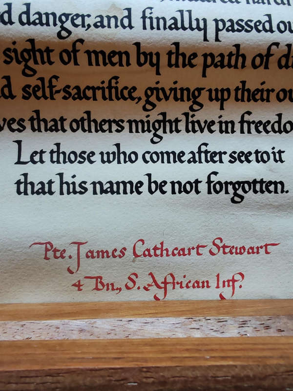 WWI Memorial Scroll  Pte. James Cathcart Stewart, 4th Battalion, South African Infantry