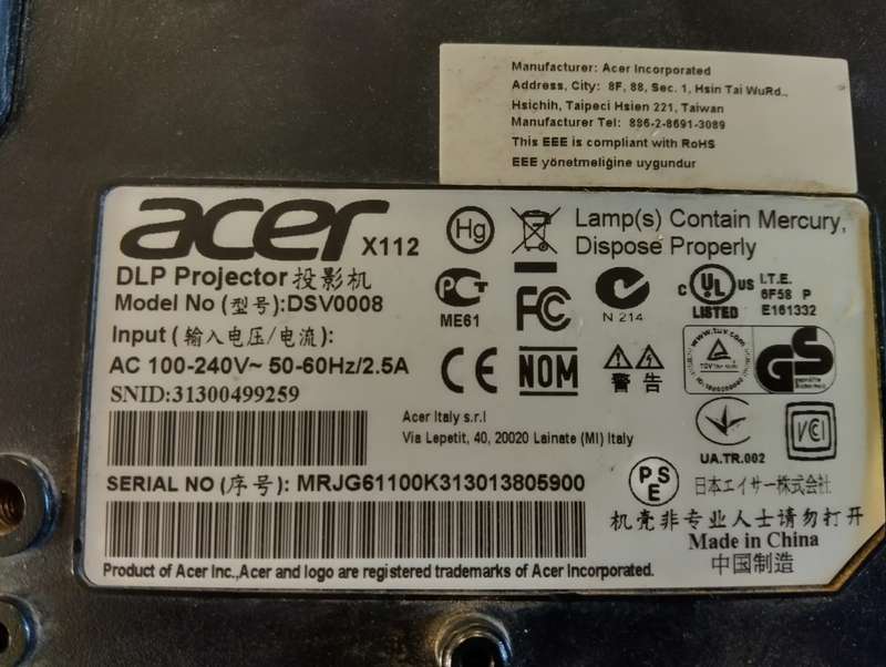 Acer DLP Projector X112 (Model: DSV0008)  No Remote