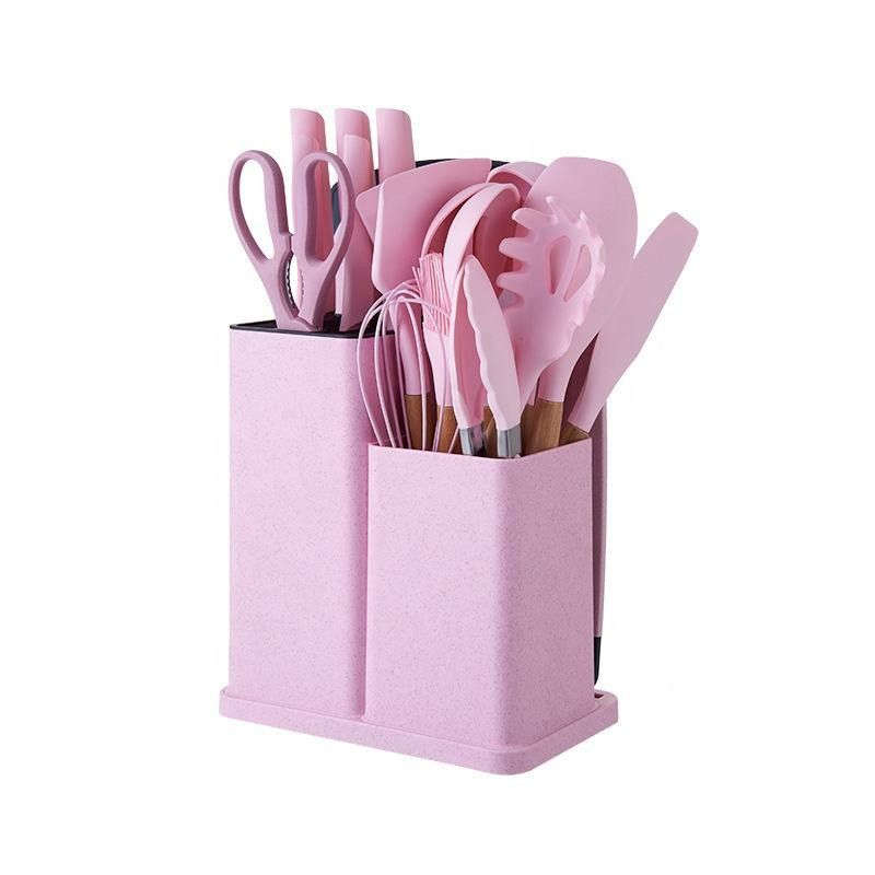 Silicone Kitchenware Kit 19 Pieces Knife & Spoon Set With Storage Rack - Pink