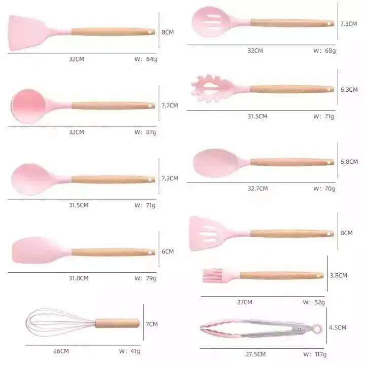 Silicone Kitchenware Kit 19 Pieces Knife & Spoon Set With Storage Rack - Pink