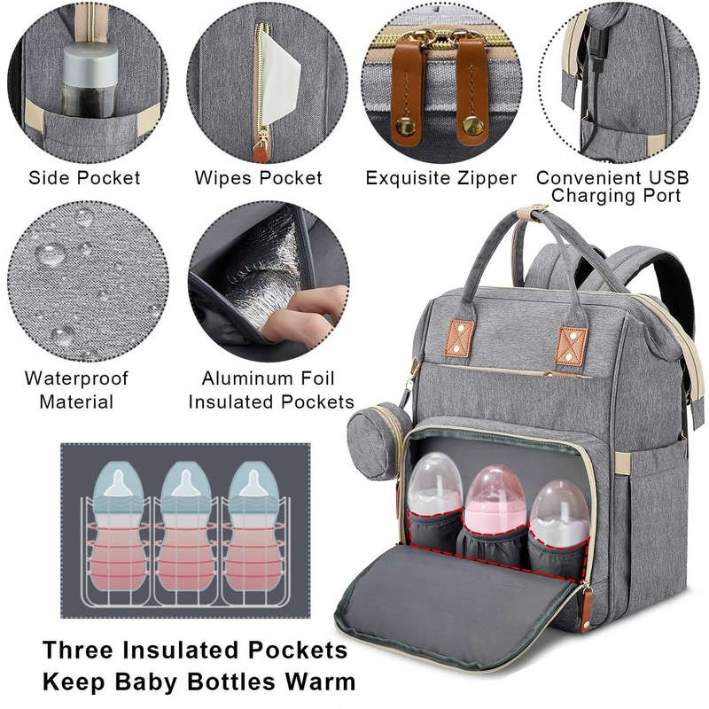 Nappy Bag With USB Charge Port And Pacifier Case Baby Bassinet Travel Bag