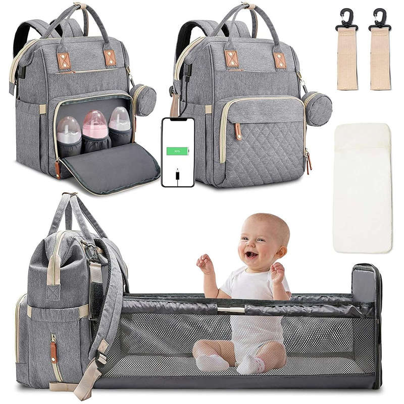 Nappy Bag With USB Charge Port And Pacifier Case Baby Bassinet Travel Bag