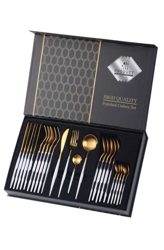 24 Piece Stainless Steel Cutlery Set - White & Gold