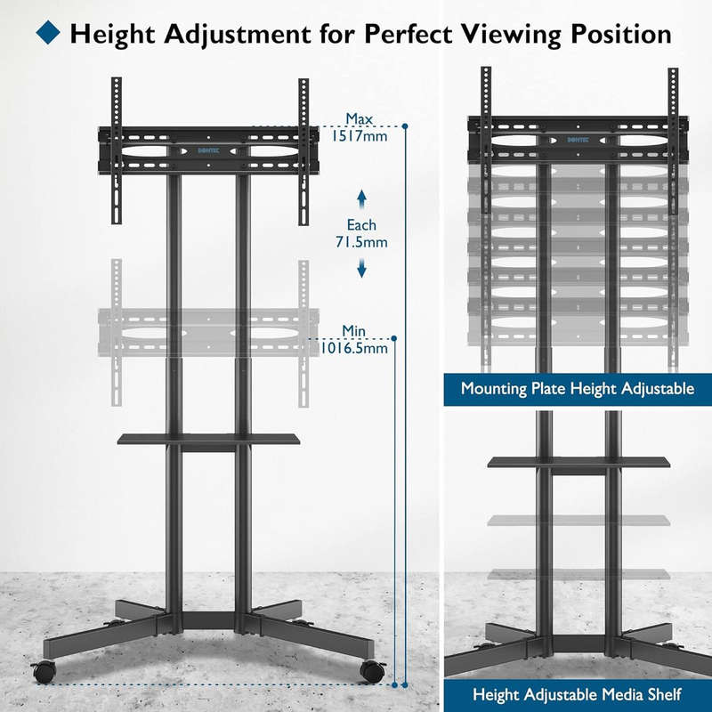Bontec Mobile TV Trolley Wheel Shelf Stand 32-85" Height adjustable 60Kg