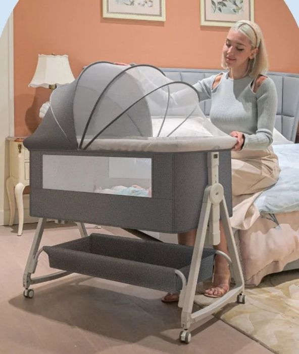 Multifunctional crib 6-level adjustable high-quality baby cradle - Grey