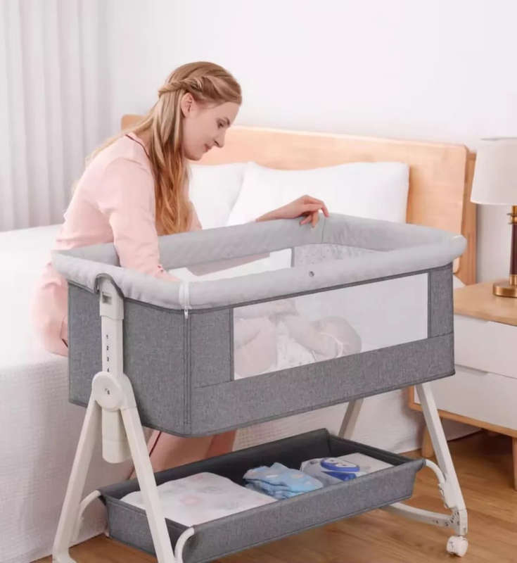 Multifunctional crib 6-level adjustable high-quality baby cradle - Grey