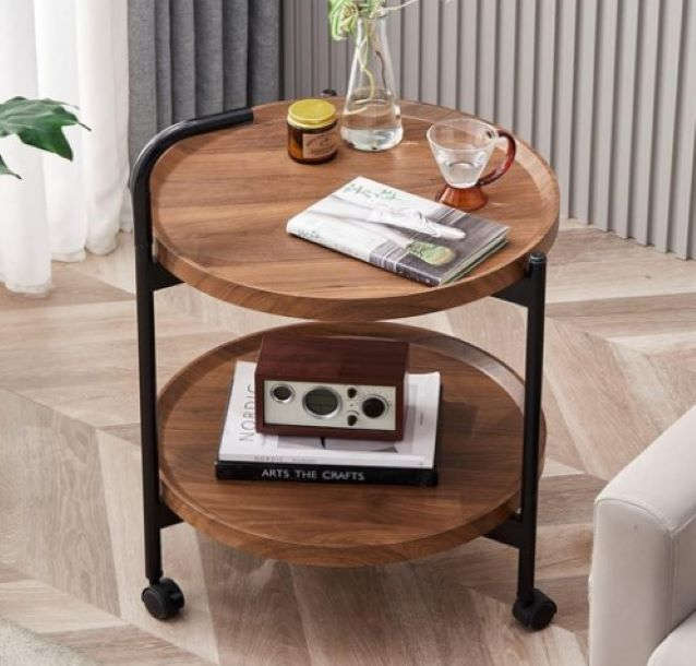 Wooden Round Movable 2-Tier Multifunctional Coffee Table