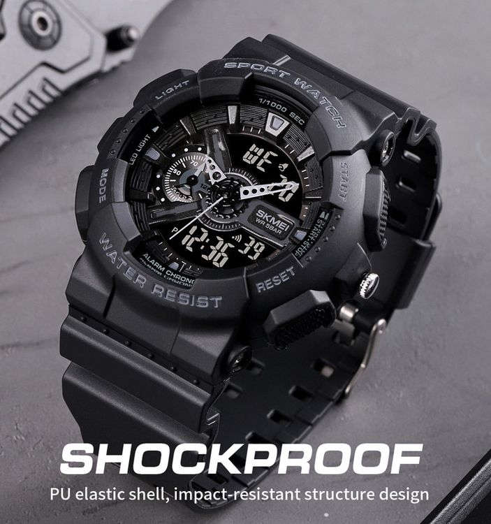 Mens Shock & Waterproof Duo Time Watch Alarm Stopwatch